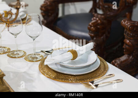 Table set for an event party or wedding reception, luxury elegant table setting dinner Stock Photo