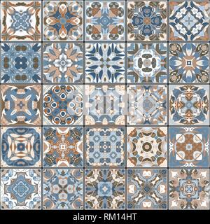 A collection of ceramic tiles in retro colors. A set of square patterns in ethnic style. Vector illustration. Stock Vector