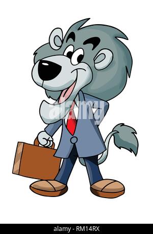 Cartoon lion businessman carrying a brown briefcase vector illustration Stock Vector