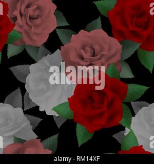 Seamless floral pattern with multicolored roses on a black background Stock Vector