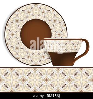 Cup and saucer with Oriental blue pattern on the edge. Vector illustration on a white background. Stock Vector