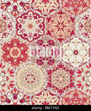 A rich set of hexagonal ceramic tiles. Colorful elements in oriental style. Vector illustration. Stock Vector