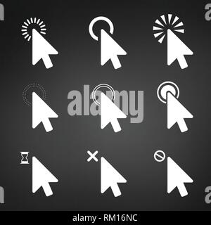 White Computer mouse click cursor arrow icons set. Vector illustration isolated on modern black background Stock Vector