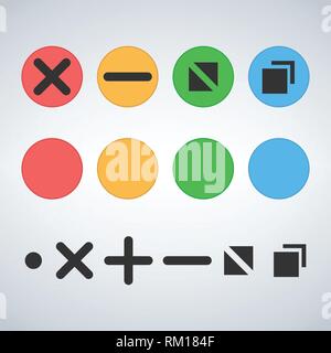 Clean OS or Web multicolor buttons template Close minimize zoom full screen and expand button. Flat vector illustration isolated on modern background Stock Vector
