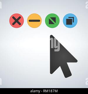 OS or Web multicolor buttons with mouse cursor. Close minimize zoom full screen and expand button. Flat vector illustration isolated on modern backgro Stock Vector
