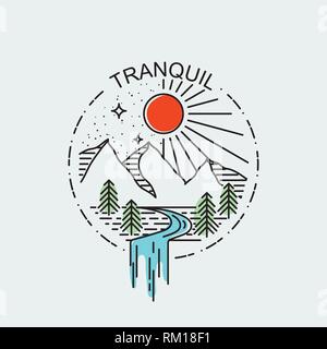Tranquil. Mountains in day and night. Nature exploration vector vintage poster. Modern flat linear vector illustration. Retro wildlife postcard with s Stock Vector