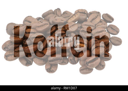 Image with highlighted German text Koffein against pale background of coffee beans Stock Photo