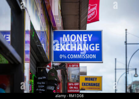 London, Greater London, United Kingdom, 7th February 2018, A sign and logo for a Money Exchange Stock Photo