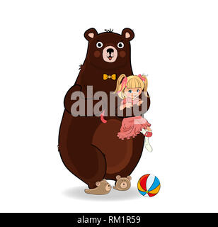 Brown Friendly Bear Dressed in Neck Tie and Plush Slippers Hug and Holding in Paws Little Naughty Barefoot Baby Girl in Pink Dress. Isolated on White  Stock Photo
