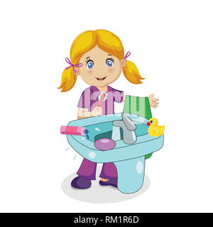 Illustration Of A Kid Girl Hand Washing Her Clothes And Doing Laundry 