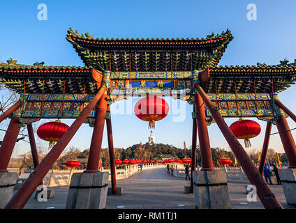 To meet the Chinese new year, Lots of red lanterns hang on the every where in Beihai park of Beijing Stock Photo