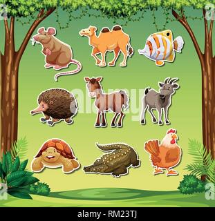 Many animals in jungle background illustration Stock Vector