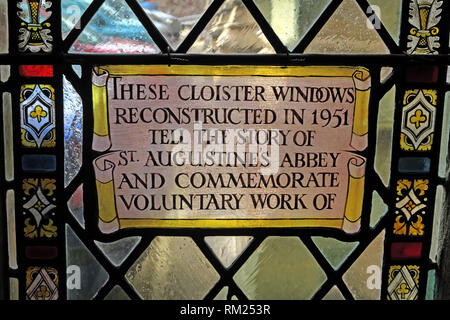 1951 St Augustines Abbey, Stained Glass inscription, Cathedral Church of the Holy and Undivided Trinity , College Green, Bristol, BS1 5TJ Stock Photo