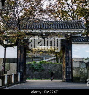 A man on a bicycle passes through the door to the Tayasumon Gate at the Imperial Palace in Tokyo, Japan. Nippon Budokan can be seen in the background. Stock Photo