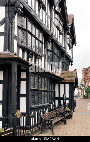 Black and white Tudor style timber framed old museum with leaden windows and sentinel pigeon in the market square of Hereford, England.