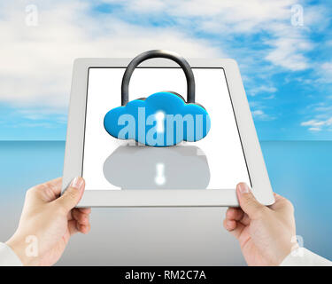 Cloud shape lock on tablet with hand holding blue sky background Stock Photo