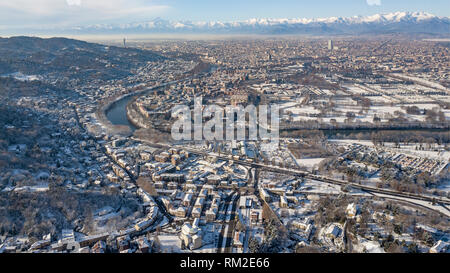 Turin, Italy, winter time in Turin, drone aerial photograph of the city. Stock Photo