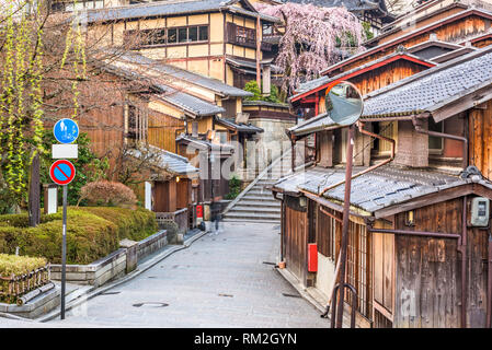 Kyoto, Japan in the Higashiyama district at dawn with cherry blossoms in the springtime. Stock Photo