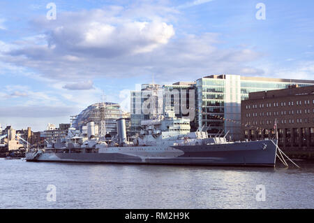 HMS Belfast moored on the River Thames, London, England, UK Stock Photo