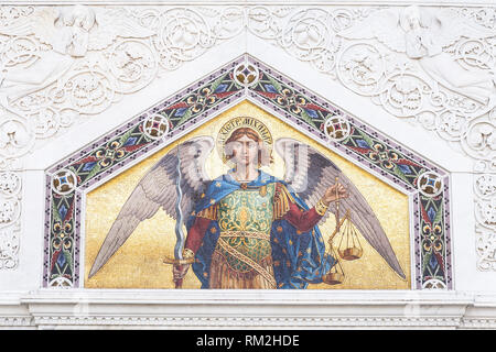 Mosaic of Saint Michael on the facade of  the Serbian Orthodox Church in Trieste Stock Photo