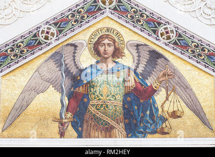 Mosaic of Saint Michael on the facade of  the Serbian Orthodox Church in Trieste Stock Photo