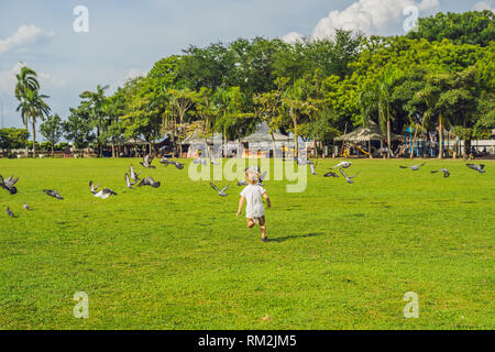 Boy on Padang Kota Lama or simply called The Padang, is the parade ground and playing field created by the British colonials in the civic district of Stock Photo