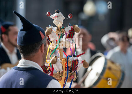 a traditonal madeira folklore music group s at the Festa da Flor or Spring Flower Festival in the city of Funchal on the Island of Madeira in the Atla Stock Photo