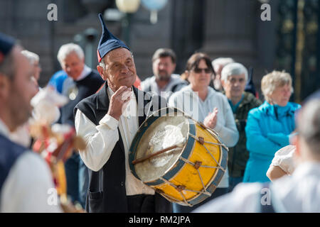 a traditonal madeira folklore music group s at the Festa da Flor or Spring Flower Festival in the city of Funchal on the Island of Madeira in the Atla Stock Photo