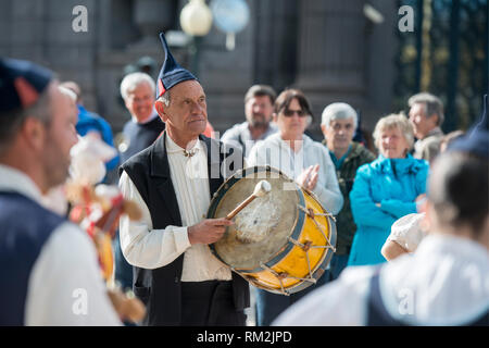 a traditonal madeira folklore music group s at the Festa da Flor or Spring Flower Festival in the city of Funchal on the Island of Madeira in the Atla Stock Photo