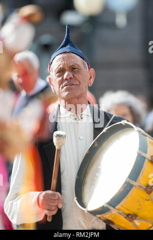 a traditonal madeira folklore music group s at the Festa da Flor or Spring Flower Festival in the city of Funchal on the Island of Madeira in the Atla Stock Photo