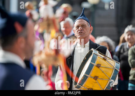 a traditonal madeira folklore music group s at the Festa da Flor or Spring Flower Festival in the city of Funchal on the Island of Madeira in the Atla Stock Photo