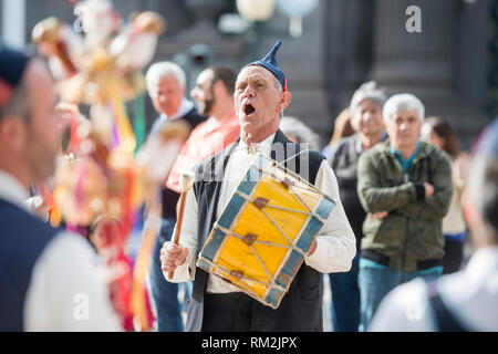 a traditonal madeira folklore music group s at the Festa da Flor or Spring Flower Festival in the city of Funchal on the Island of Madeira in the Atla Stock Photo