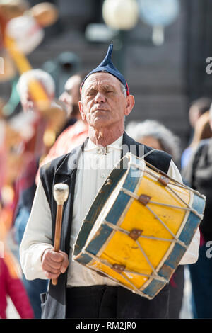 a traditonal madeira folklore music group s at the Festa da Flor or Spring Flower Festival in the city of Funchal on the Island of Madeira in the Atla Stock Photo