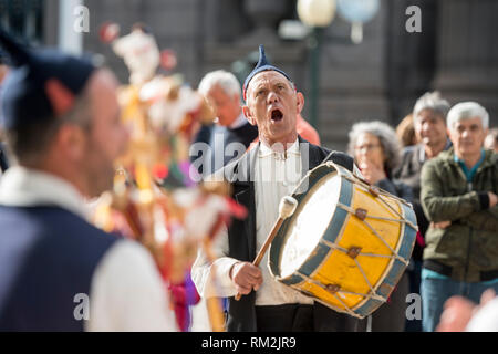 a traditonal madeira folklore music group s at the Festa da Flor or Spring Flower Festival in the city of Funchal on the Island of Madeira in the Atla Stock Photo