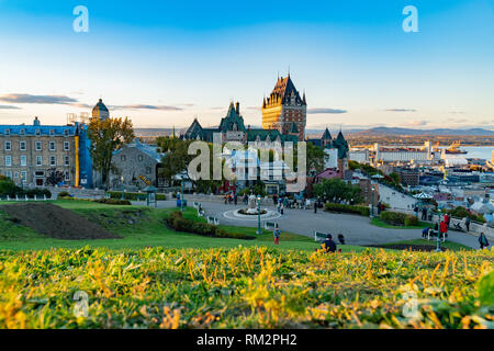 Quebec, OCT 1: Sunset view of the famous Fairmont Le Château Frontenac on OCT 1, 2018 at Quebec, Canada Stock Photo