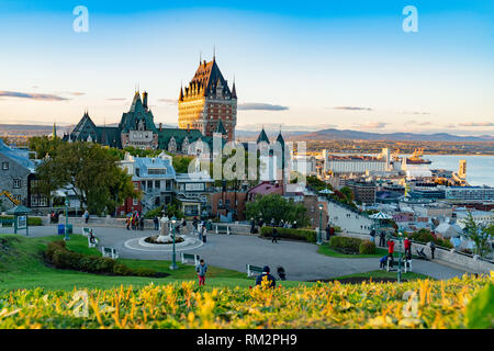 Quebec, OCT 1: Sunset view of the famous Fairmont Le Château Frontenac on OCT 1, 2018 at Quebec, Canada Stock Photo