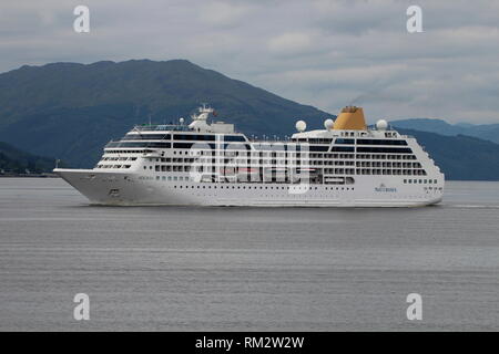 Adonia, a cruise ship operated by P&O Cruises, passing Gourock on an outbound journey down the Firth of Clyde. Stock Photo