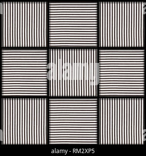 black and white 9 squares with direct lines forming bigger square with 3D look based on fabric design with black lines on white background and black f Stock Photo
