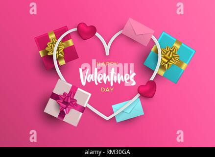 Happy Valentines Day illustration. Realistic 3d element layout in pink colors: gift box, heart shape, and card envelope with white frame. Stock Vector