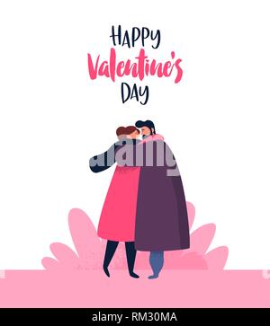 Happy Valentines Day character cartoon illustration. Young couple hugging for romantic date concept. Boyfriend and girlfriend in love with holiday tex Stock Vector