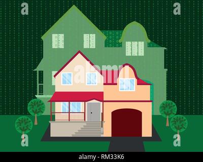 Concept smart home - a modern country house on the matrix background Stock Vector