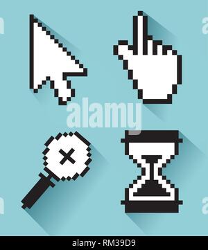 set arrow with hand and magnifying glass with hourglass cursor Stock Vector