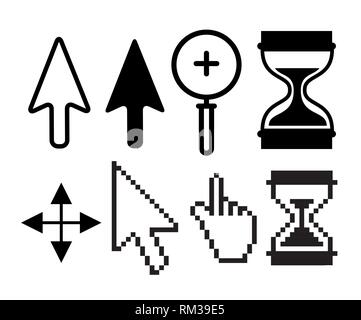 set arrow with hourglass and magnifying glass cursor Stock Vector