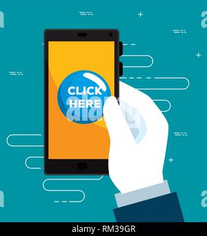 smartphone in the hand and touch mouse cursor Stock Vector