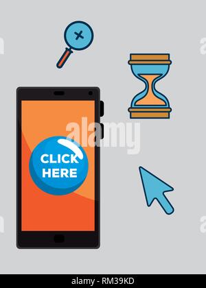 set smartphone and hourglasses with magnifying glass and arrow cursor Stock Vector