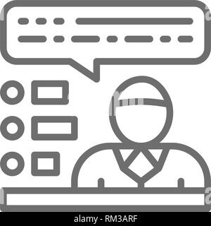 Candidate talks about his political program, speaker with checklist line icon. Stock Vector