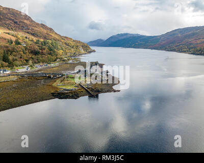 Aerial view of the historic Eilean Donan Castle by Dornie, Scotland. Stock Photo