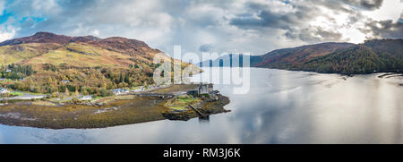 Aerial view of the historic Eilean Donan Castle by Dornie, Scotland. Stock Photo