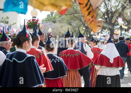 a traditonal madeira folklore music group s at the Festa da Flor or Spring Flower Festival in the city of Funchal on the Island of Madeira in the Atla Stock Photo