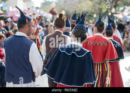 a traditonal madeira folklore music group s at the Festa da Flor or Spring Flower Festival in the city of Funchal on the Island of Madeira in the Atla Stock Photo